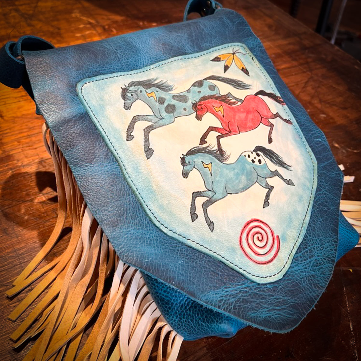 Blue Bison Bag with Three Horses and Fringe