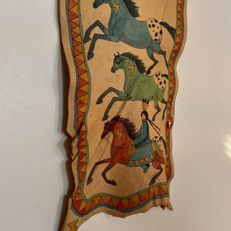 Hide Painting-Mule Deer Hide - Lady Riding with Her Herd and Sun Bonnet Sheild