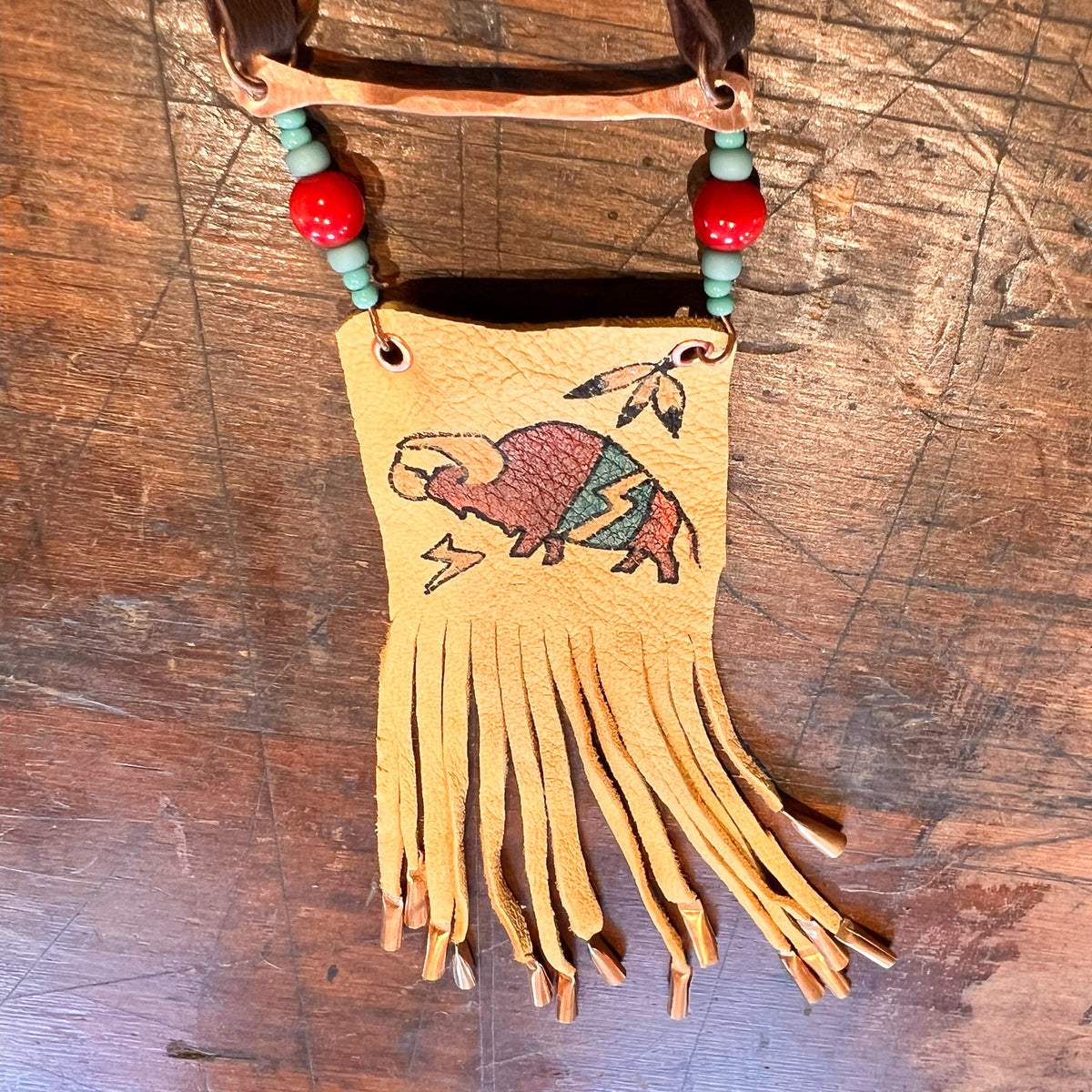 Hand Painted Leather Necklace, Red Buffalo