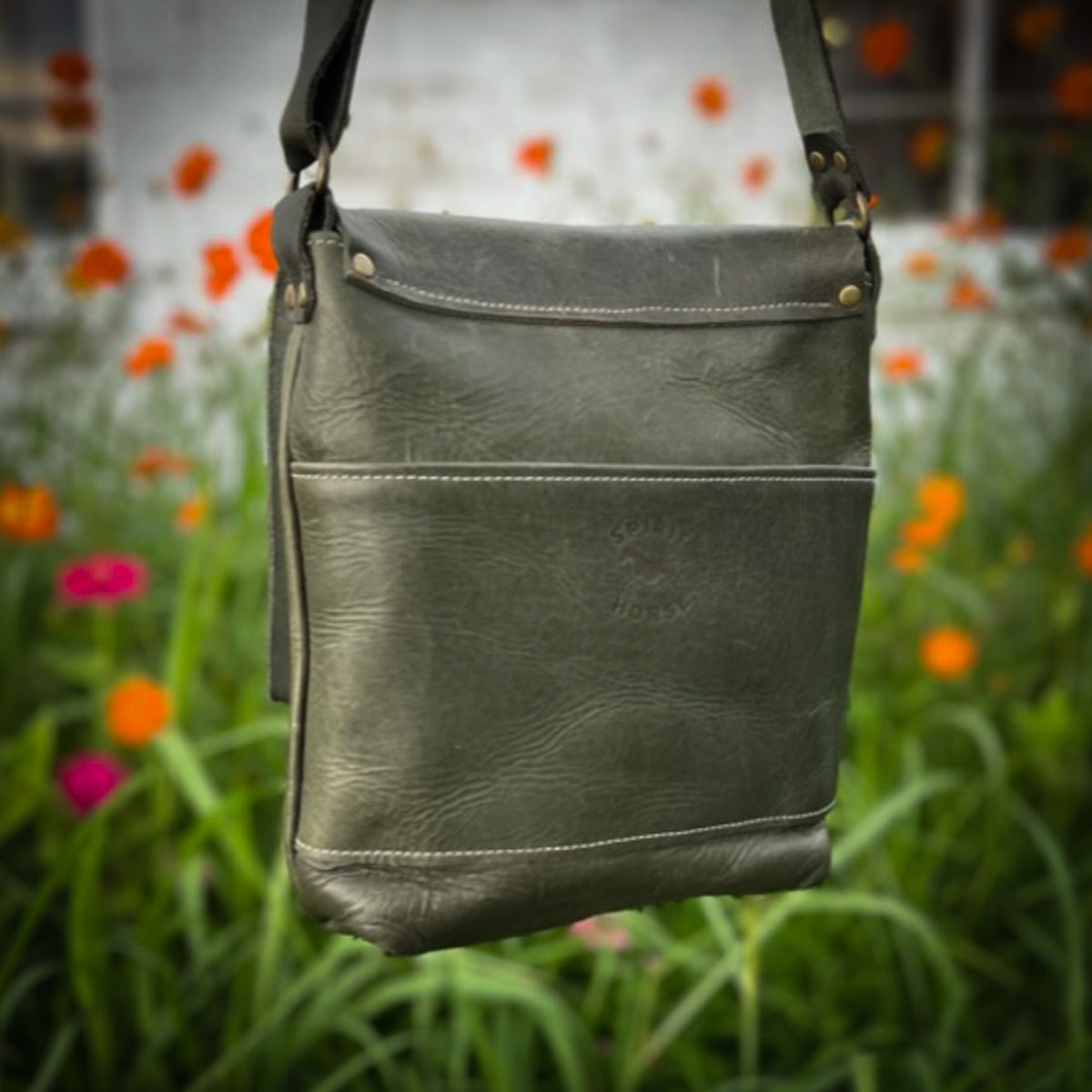 Olive Green Bison Bag with Lady on her Red Bay
