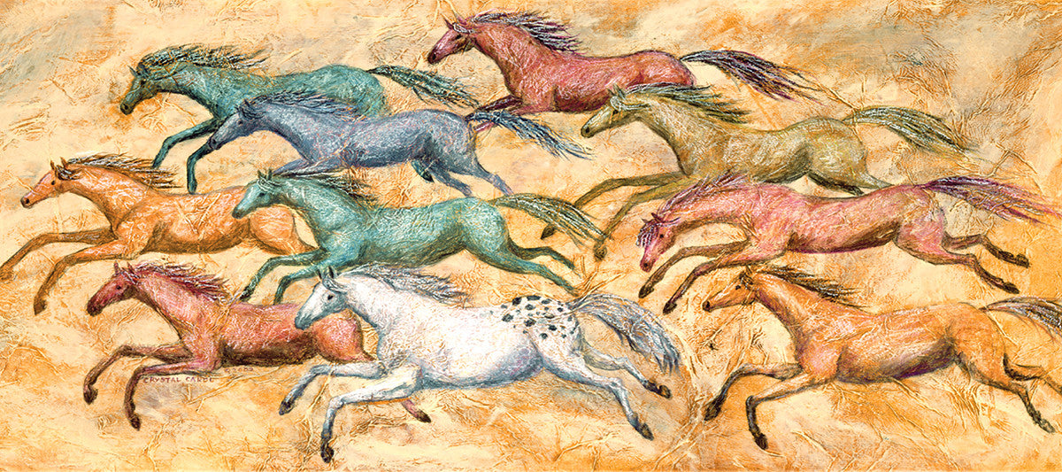 horse art, equine art, mixed media, southwest art, boho style, herd of horses, colorful horses, running horses