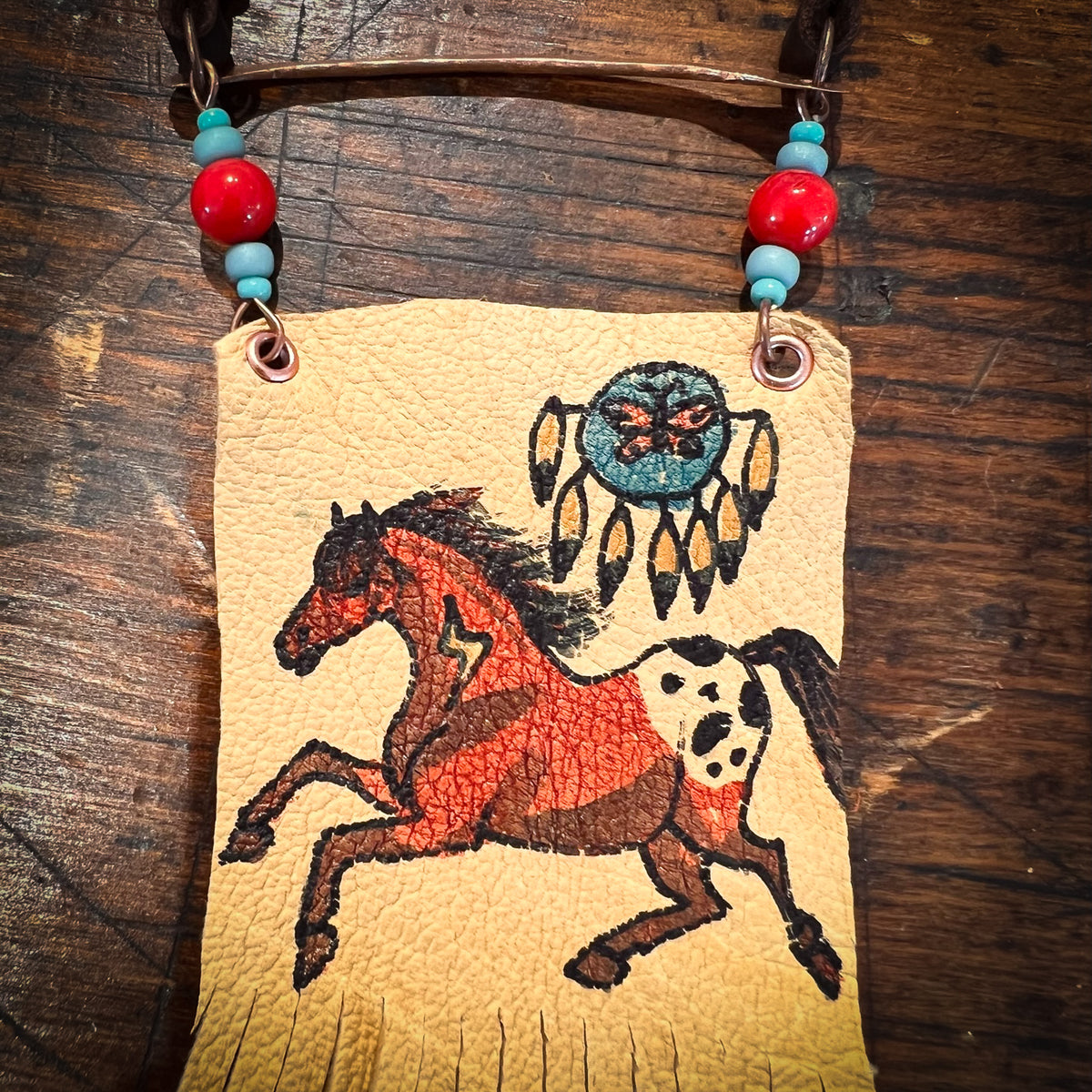 Hand Painted Leather Necklace, Red Appaloosa