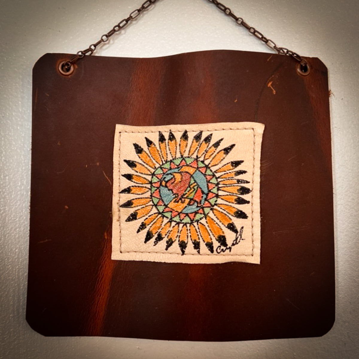 Mini Leather Painting-Red Buffalo with War Bonnet Shield