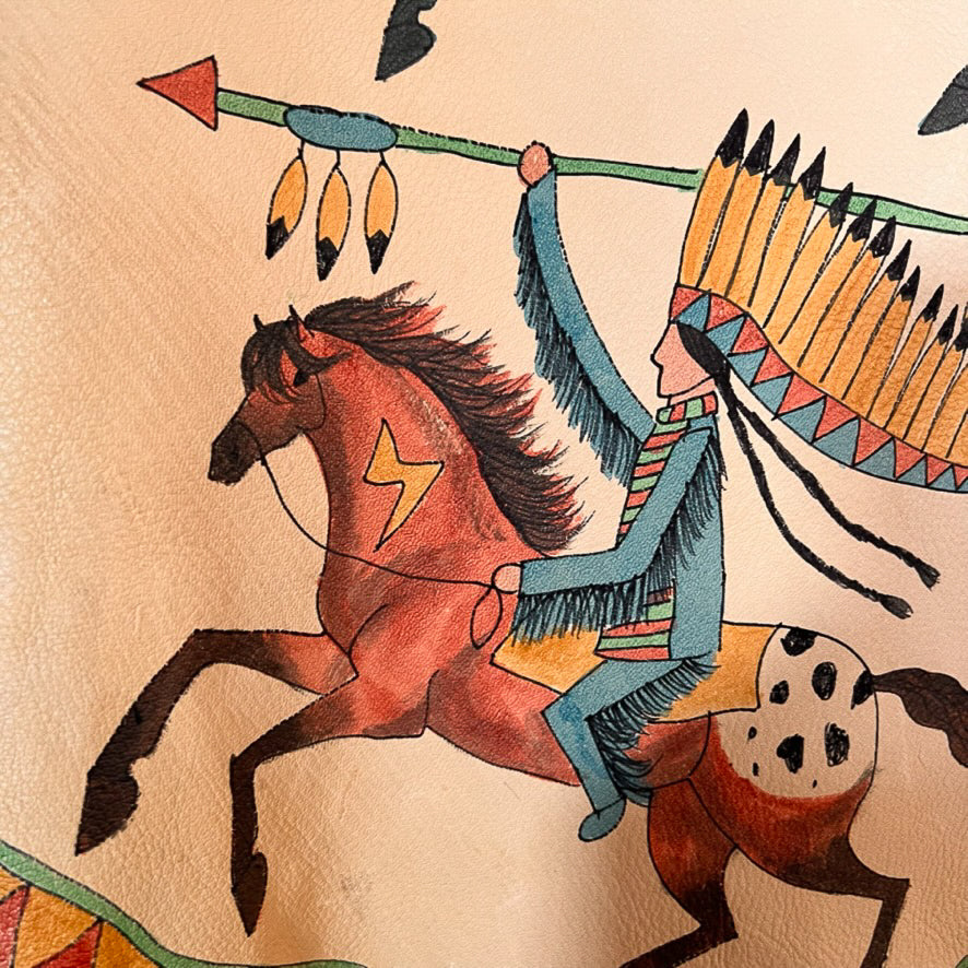 Hide Painting-Mule Deer Hide - Warrior with His Herd and War Bonnet Shield with Thunderbird