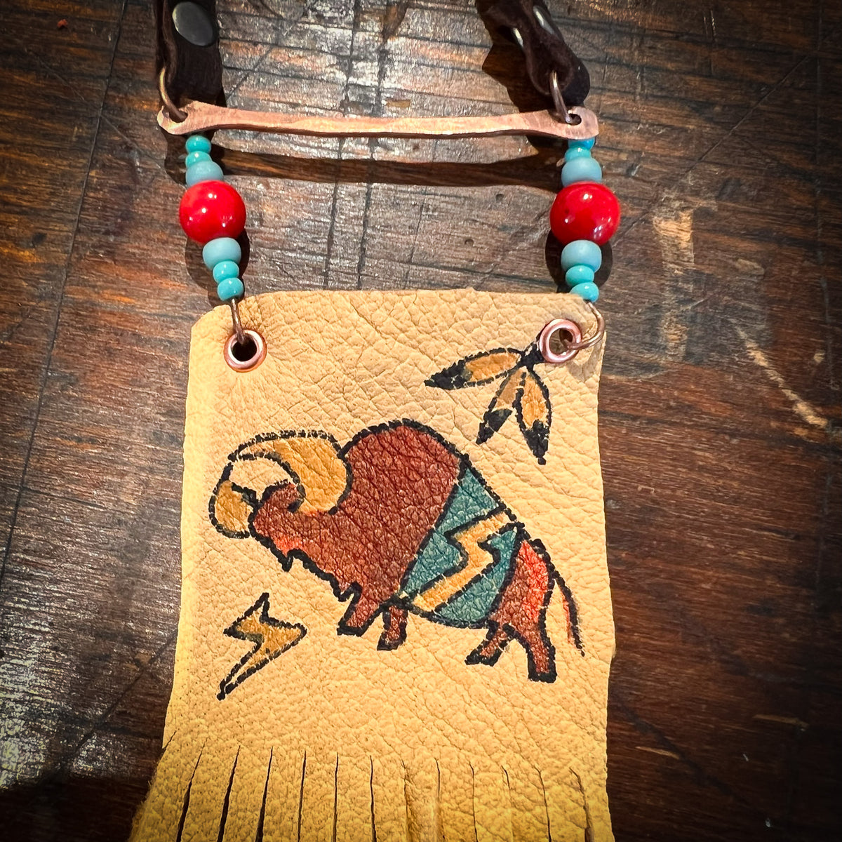 Hand Painted Leather Necklace, Red Buffalo
