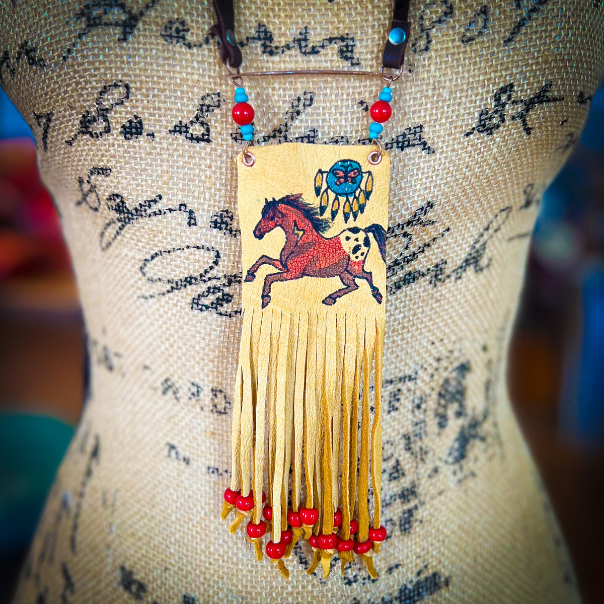 Hand Painted Leather Necklace, Red Appaloosa