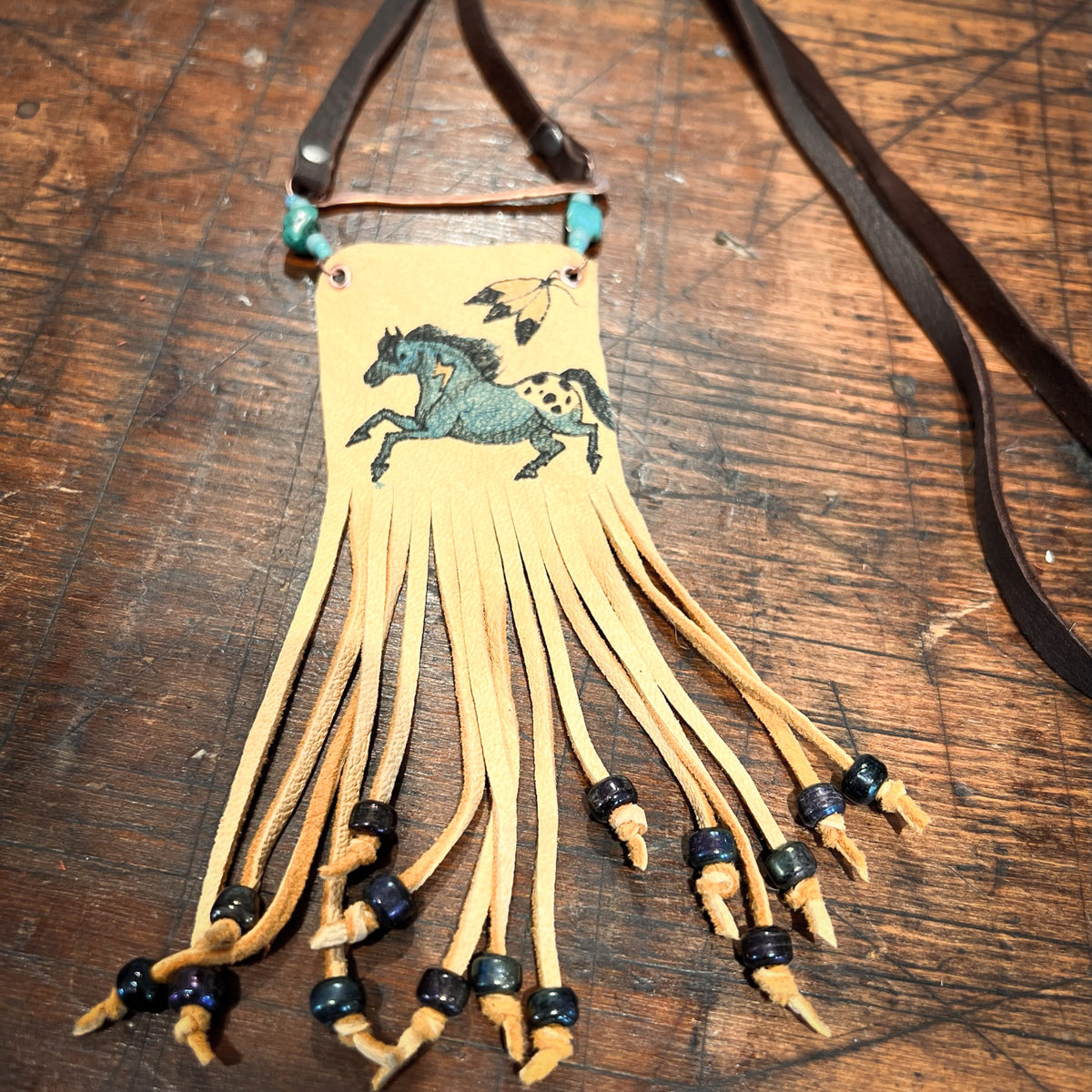 Hand Painted Leather Necklace, Blue Appaloosa