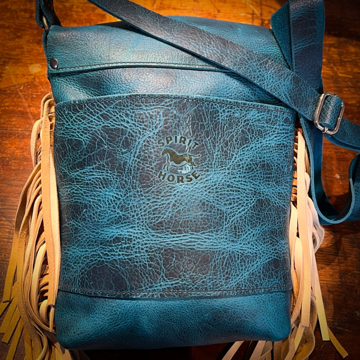 Blue Bison Bag with Three Horses and Fringe