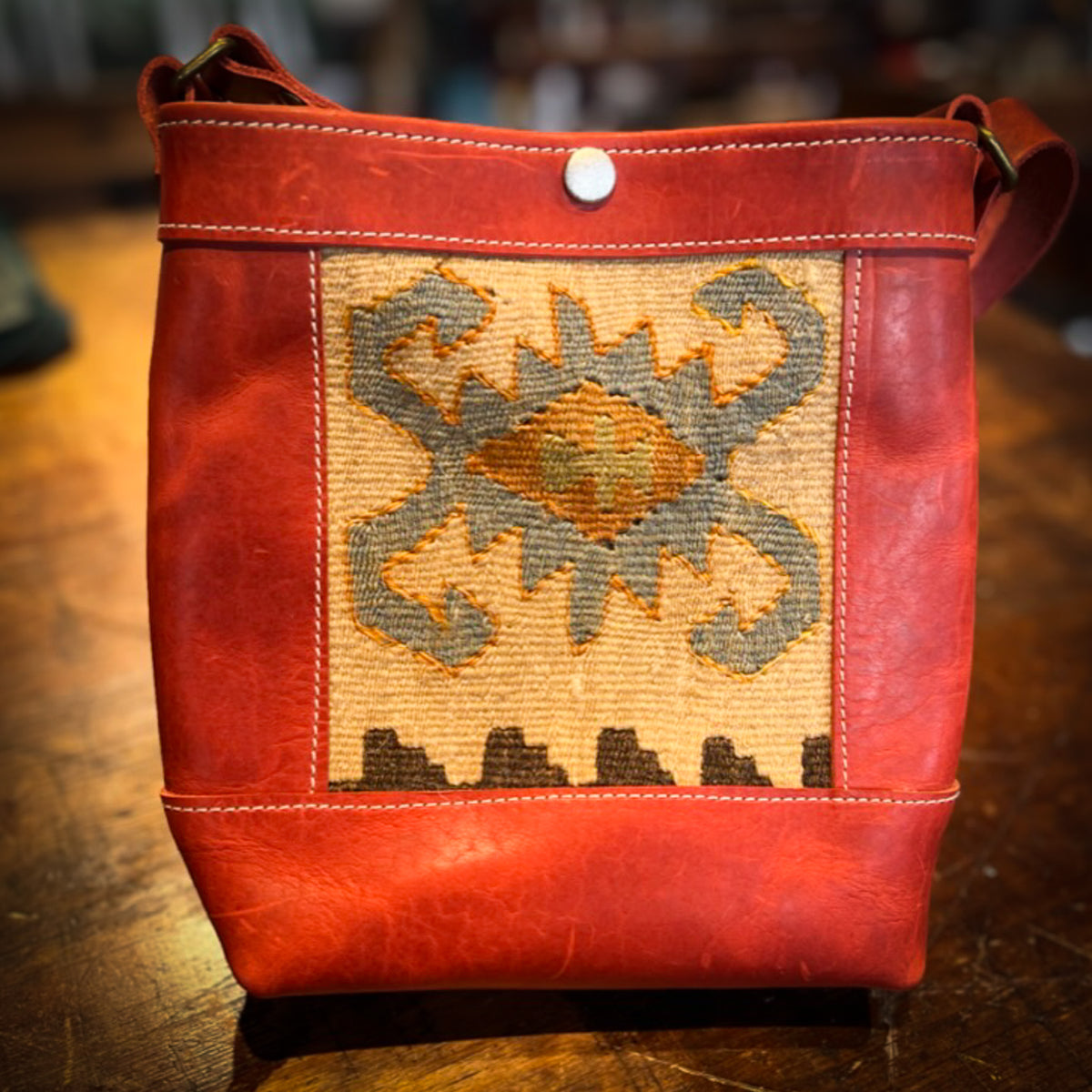 Red Buffalo Bag with Special Vintage Kilim Textile Blue