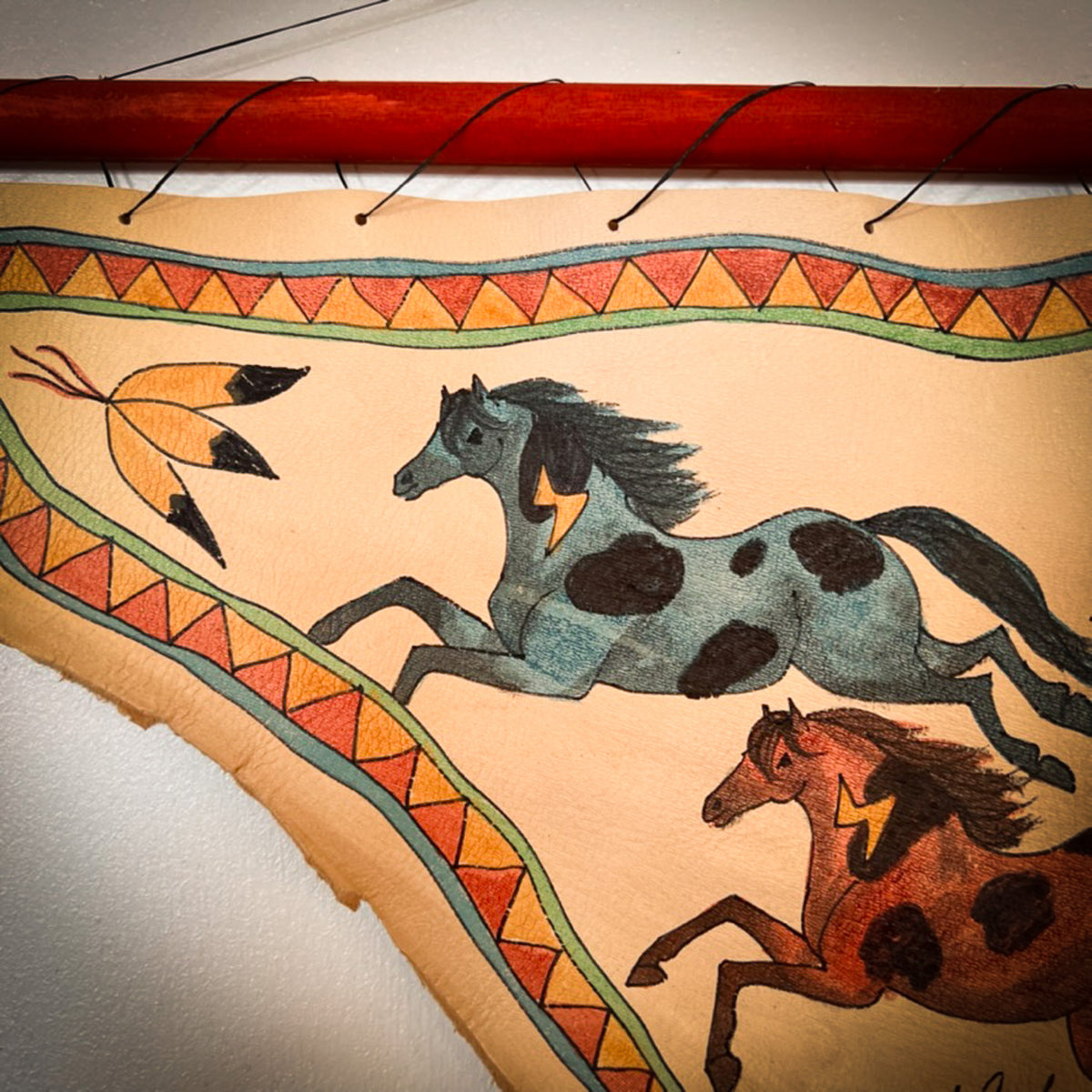 Hide Painting-Mule Deer Hide - Four Galloping Paint Horses