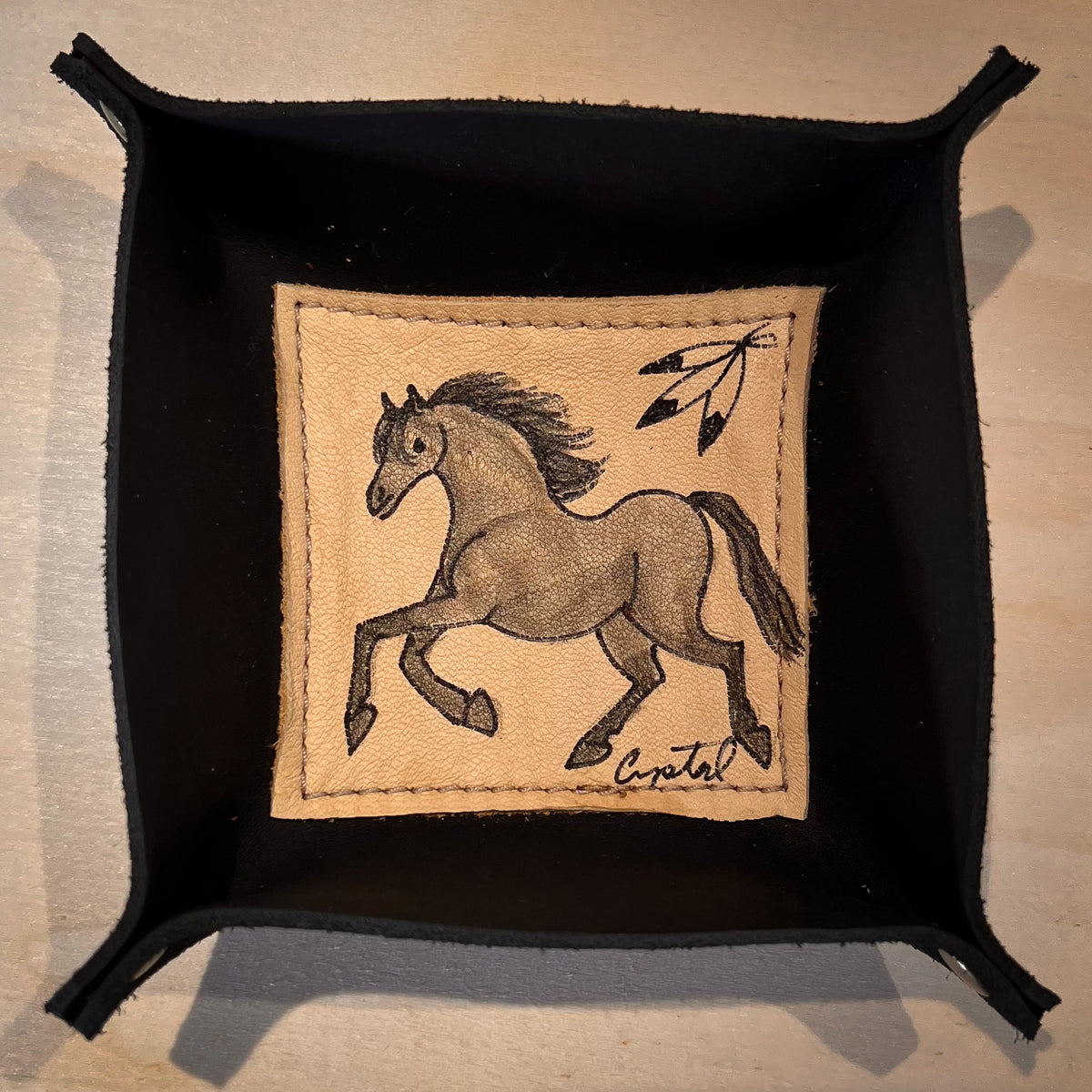 Hand Painted Leather Tray, Gray Horse