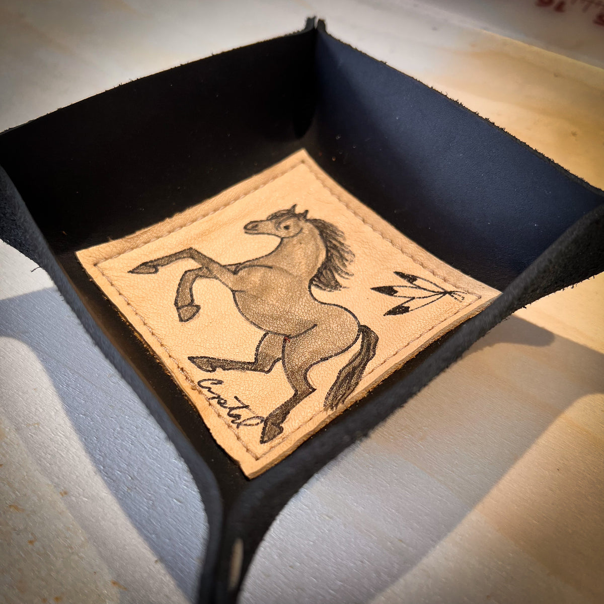 Hand Painted Leather Tray, Gray Horse