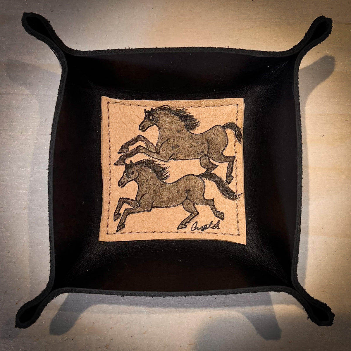 Hand Painted Leather Tray, 2 Gray Horses
