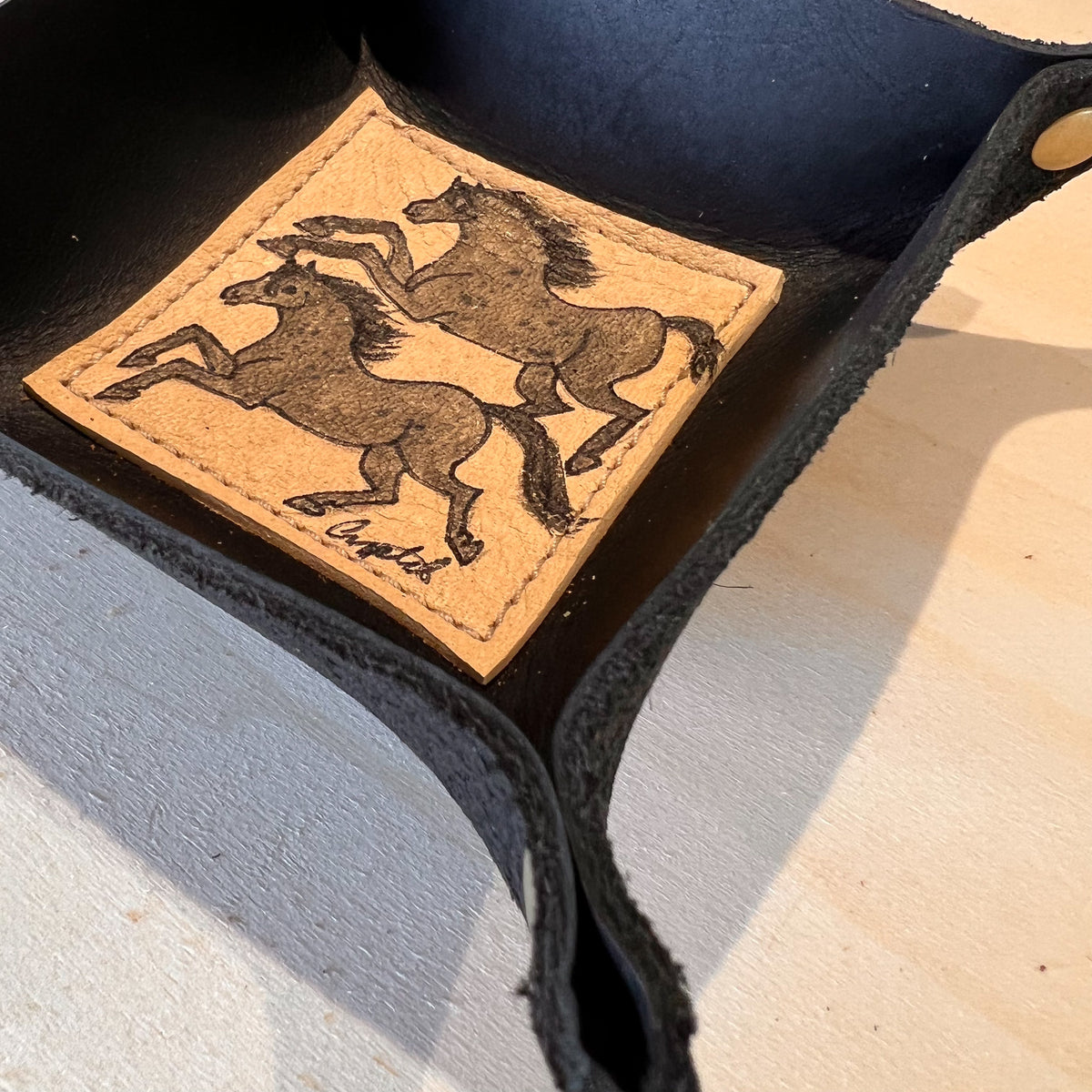 Hand Painted Leather Tray, 2 Gray Horses
