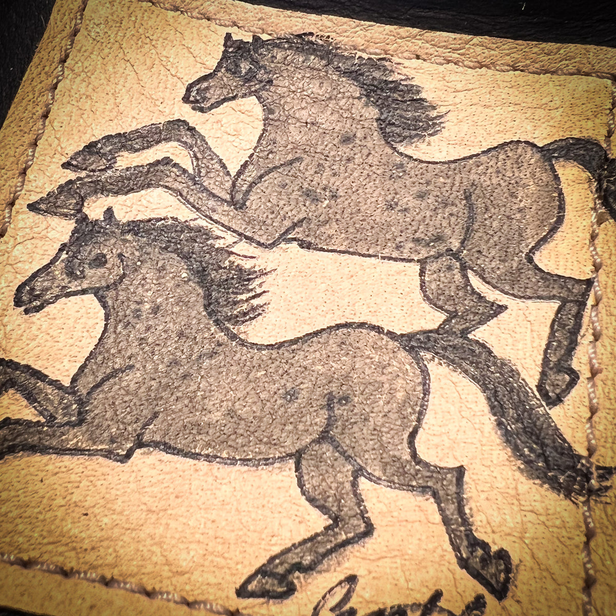 Hand Painted Leather Tray, 2 Gray Horses