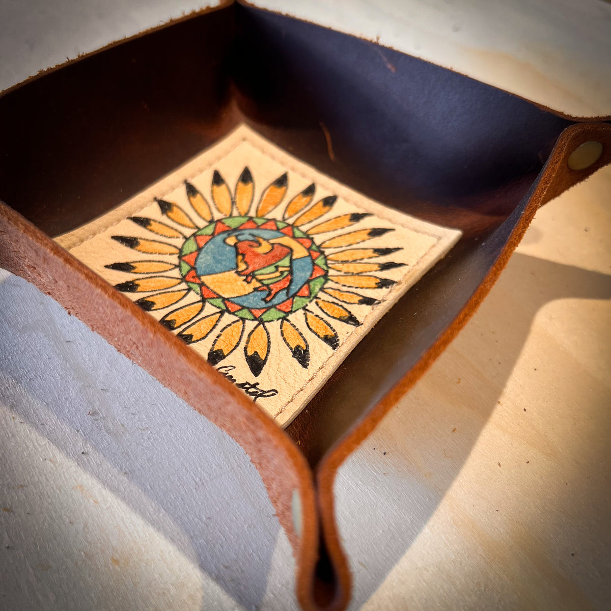 Hand Painted Leather Tray, Tatanka with War Bonnet Shield