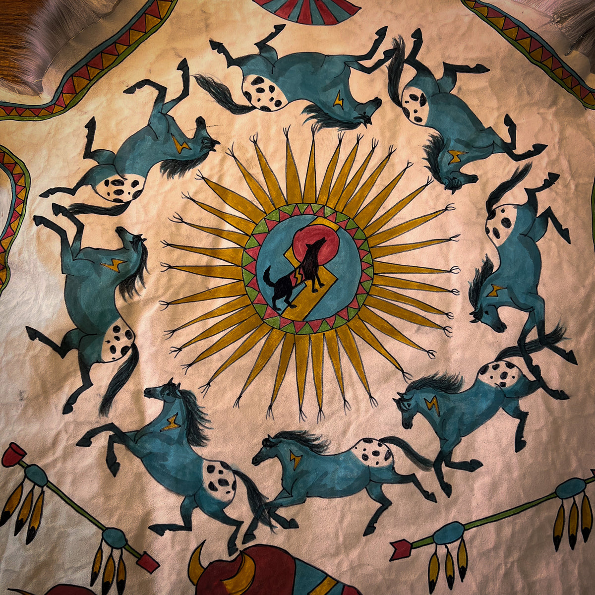 Hide Painting-Caribou Hide-Warriors with Buffalo