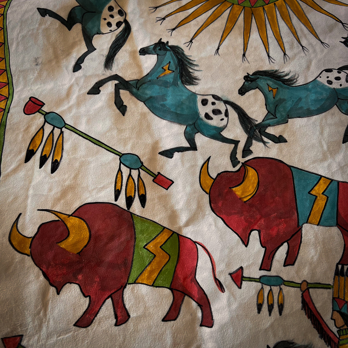 Hide Painting-Caribou Hide-Warriors with Buffalo