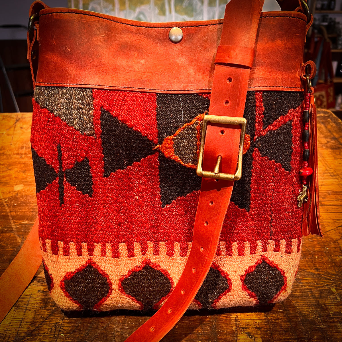 Large Tote Bag with Special Vintage Woven Rug