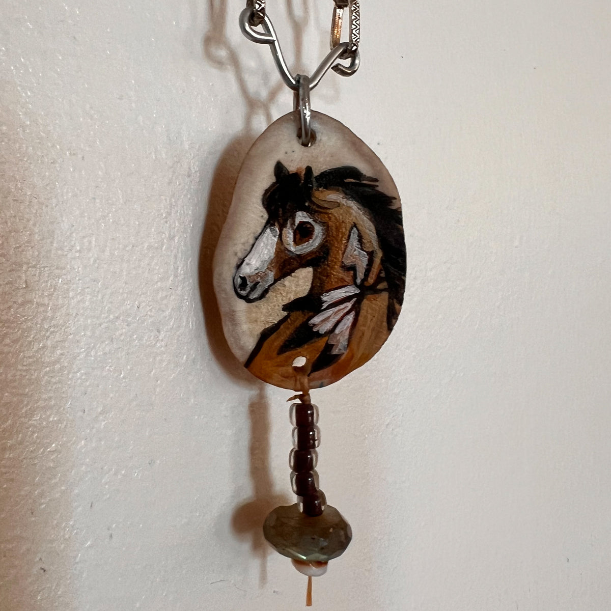 Hand Painted Antler Necklace, Dun Horse
